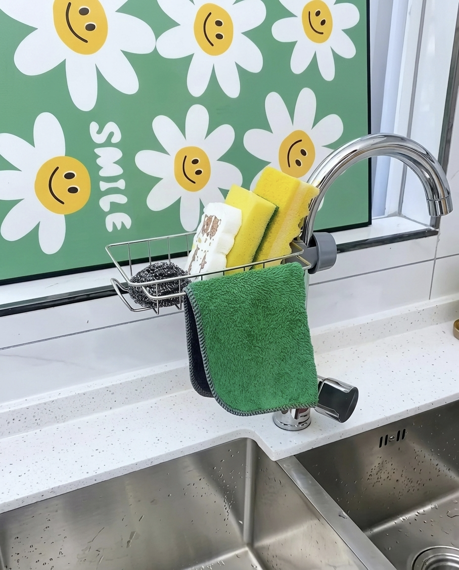 Kitchen Faucet Sponge Holder – Stainless Steel Sink Organizer