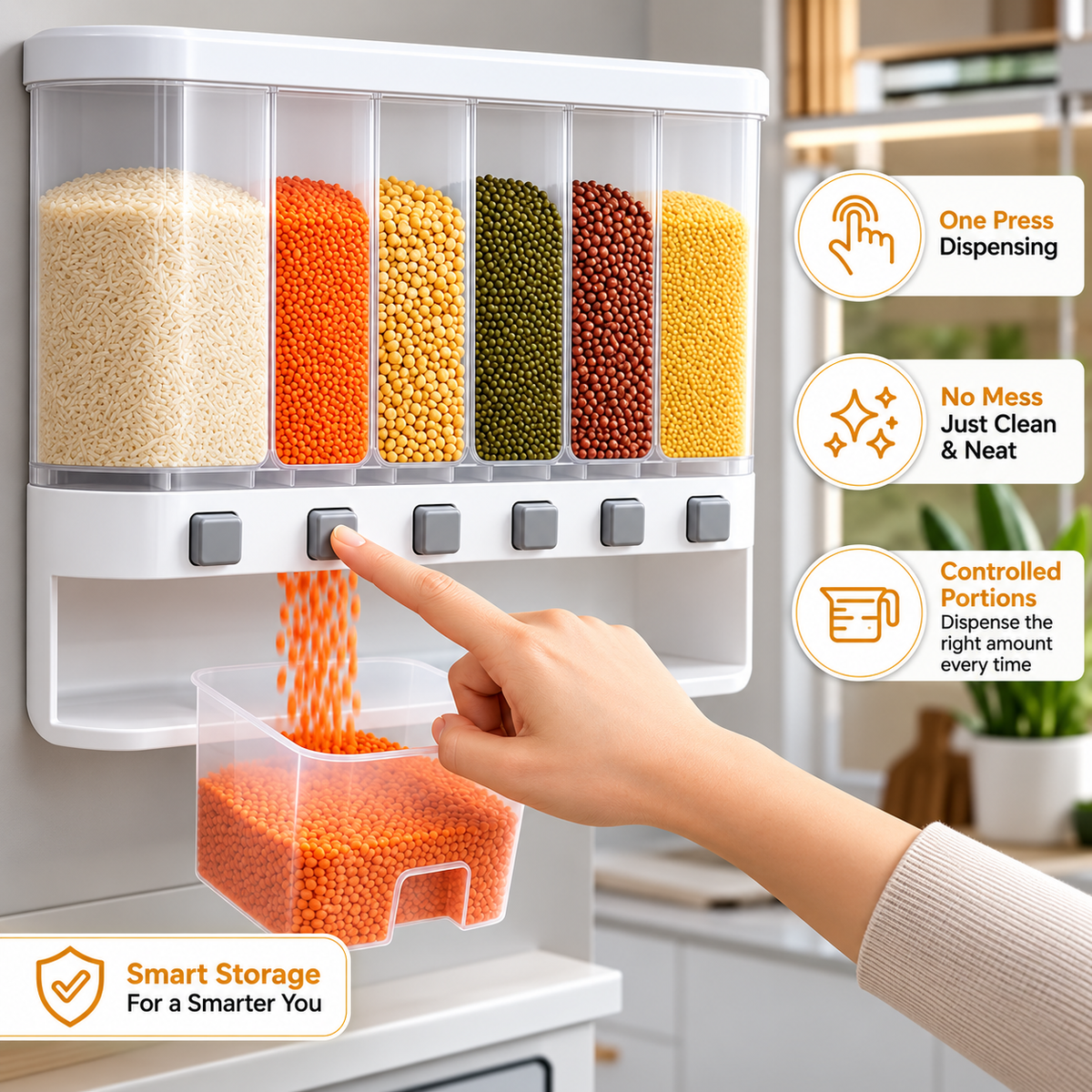 6-Section Rice & Dal Storage Dispenser